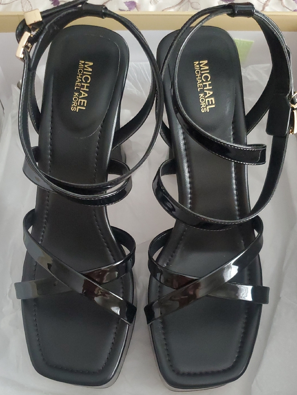 Michael Kors Black Patent Strappy Block Heel Sandals